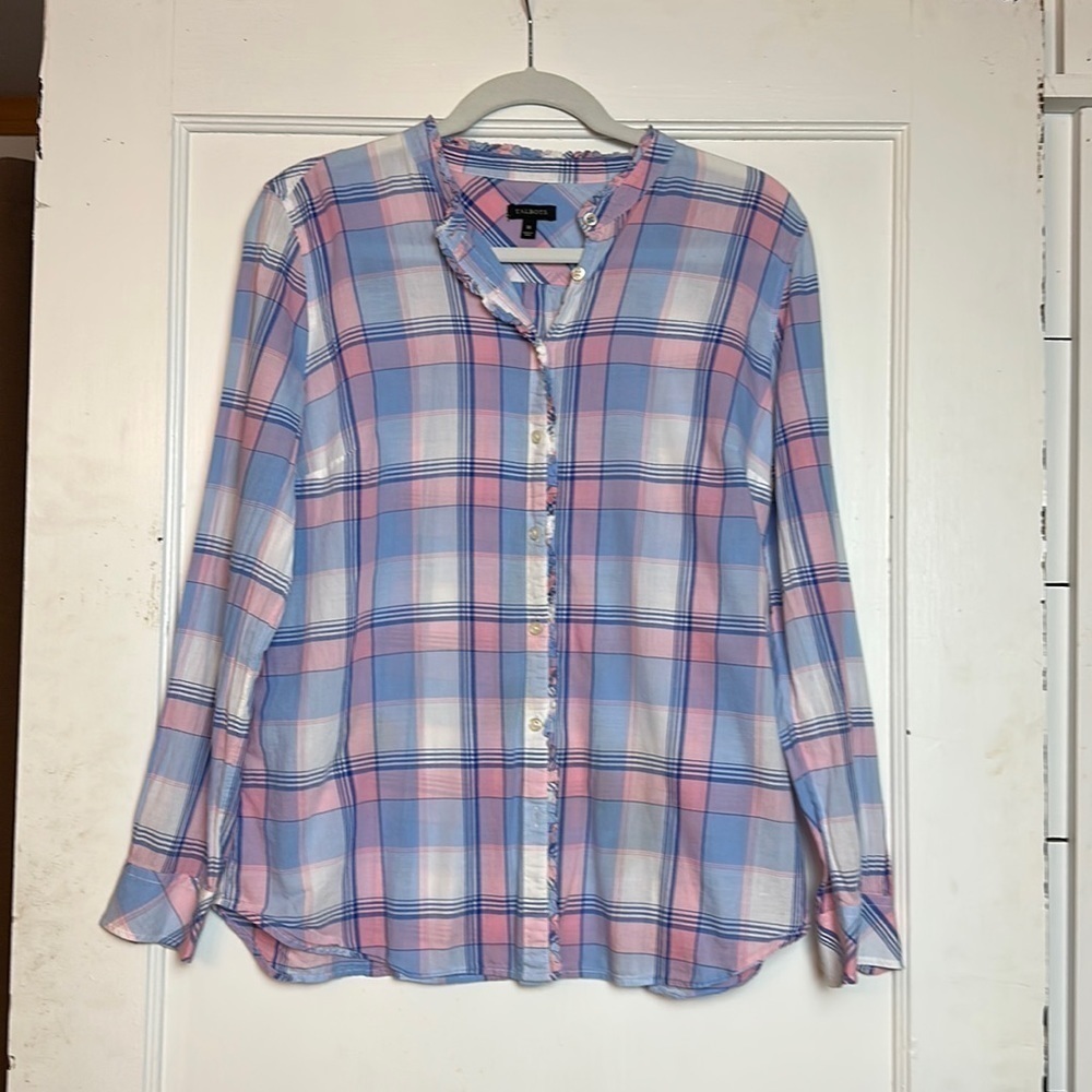 Talbots Pink Blue Plaid Ruffle Trim Button Front Shirt Blouse M